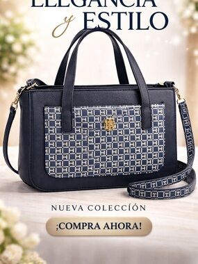 Tommy Hilfiger Navy and White Monogram Satchel with Gold Hardware